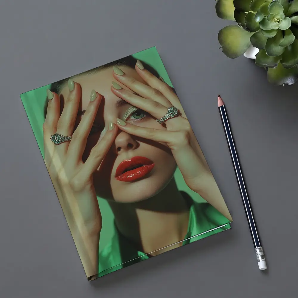 Woman Red Lips Diamond Rings Green Background – Notebooks