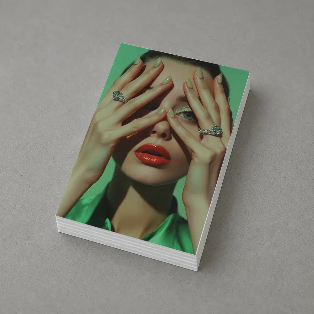 Woman Red Lips Diamond Rings Green Background – Postcards