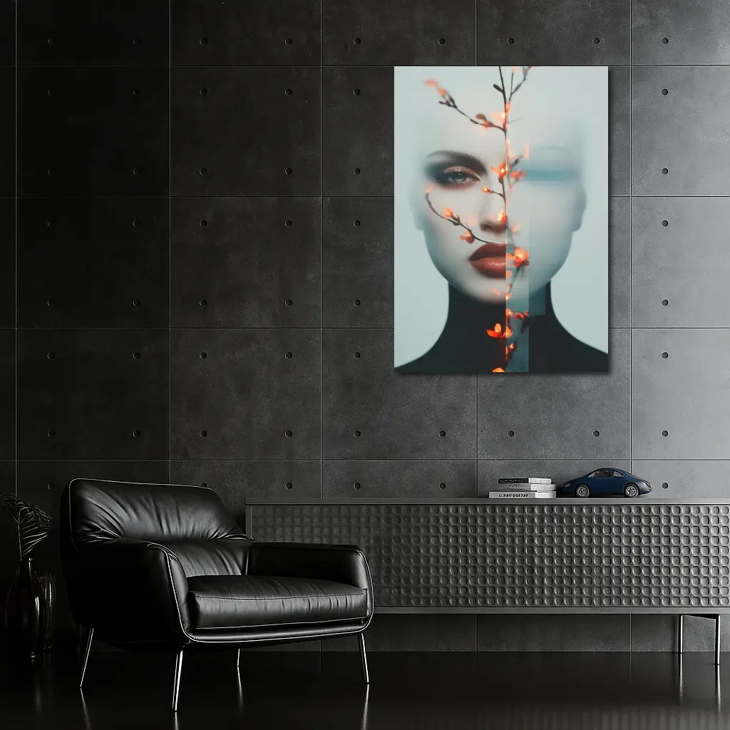 Woman Face Glitch Floral Branch Art – Wall Art