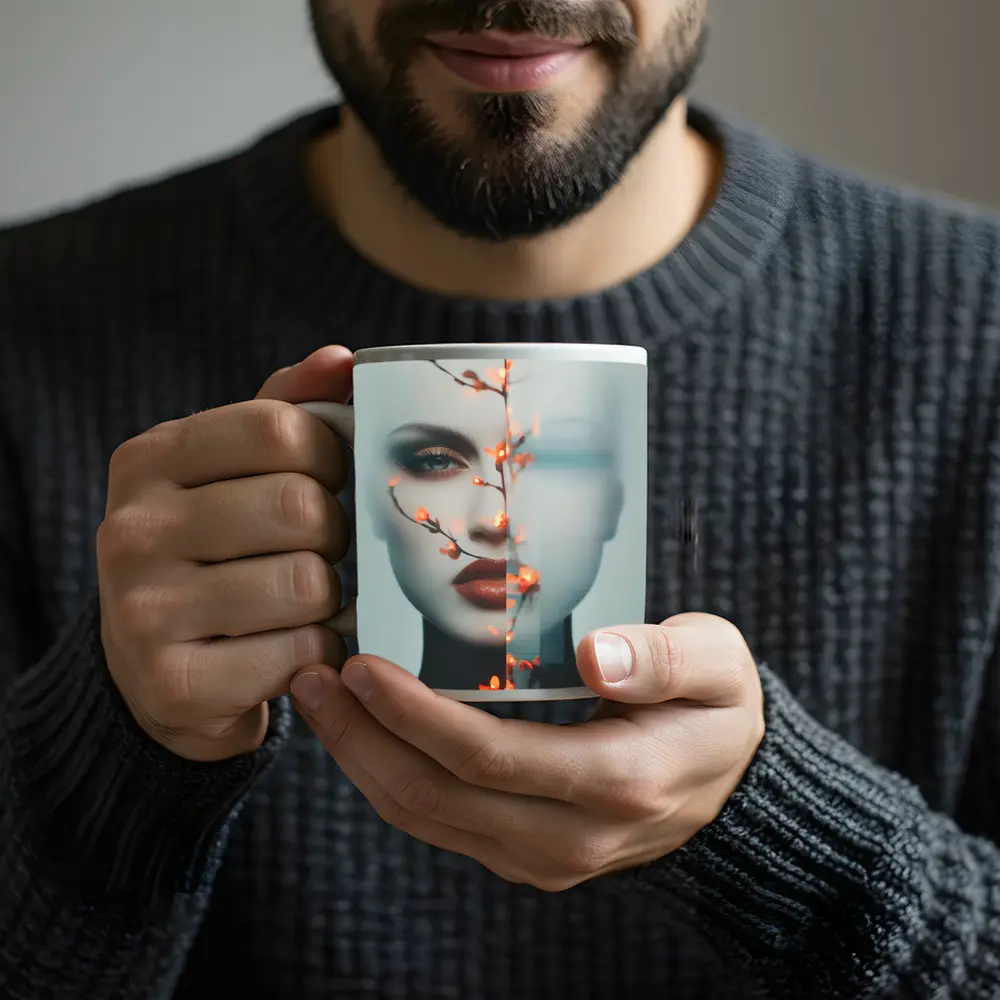 Woman Face Glitch Floral Branch Art – Mugs