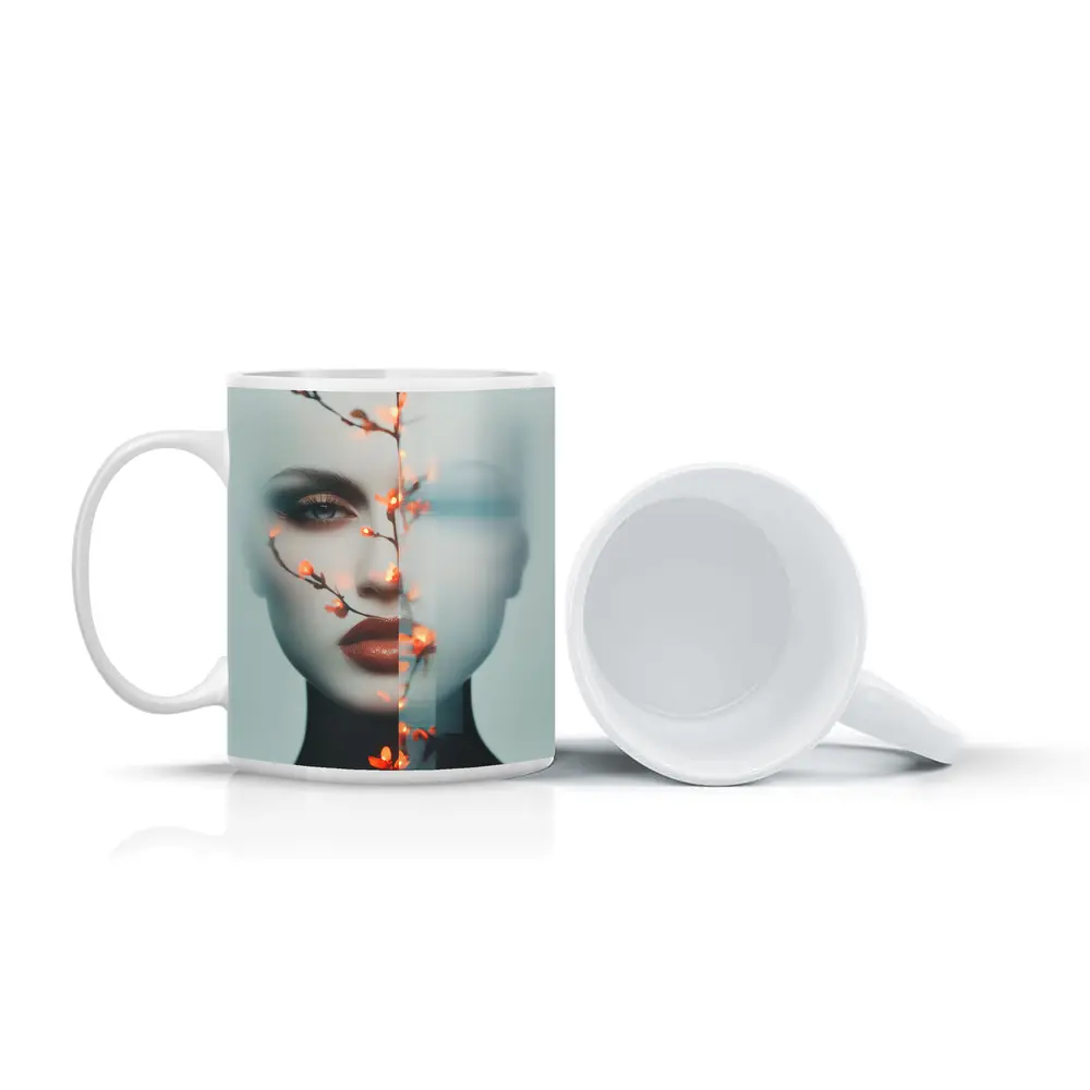 Woman Face Glitch Floral Branch Art – Mugs