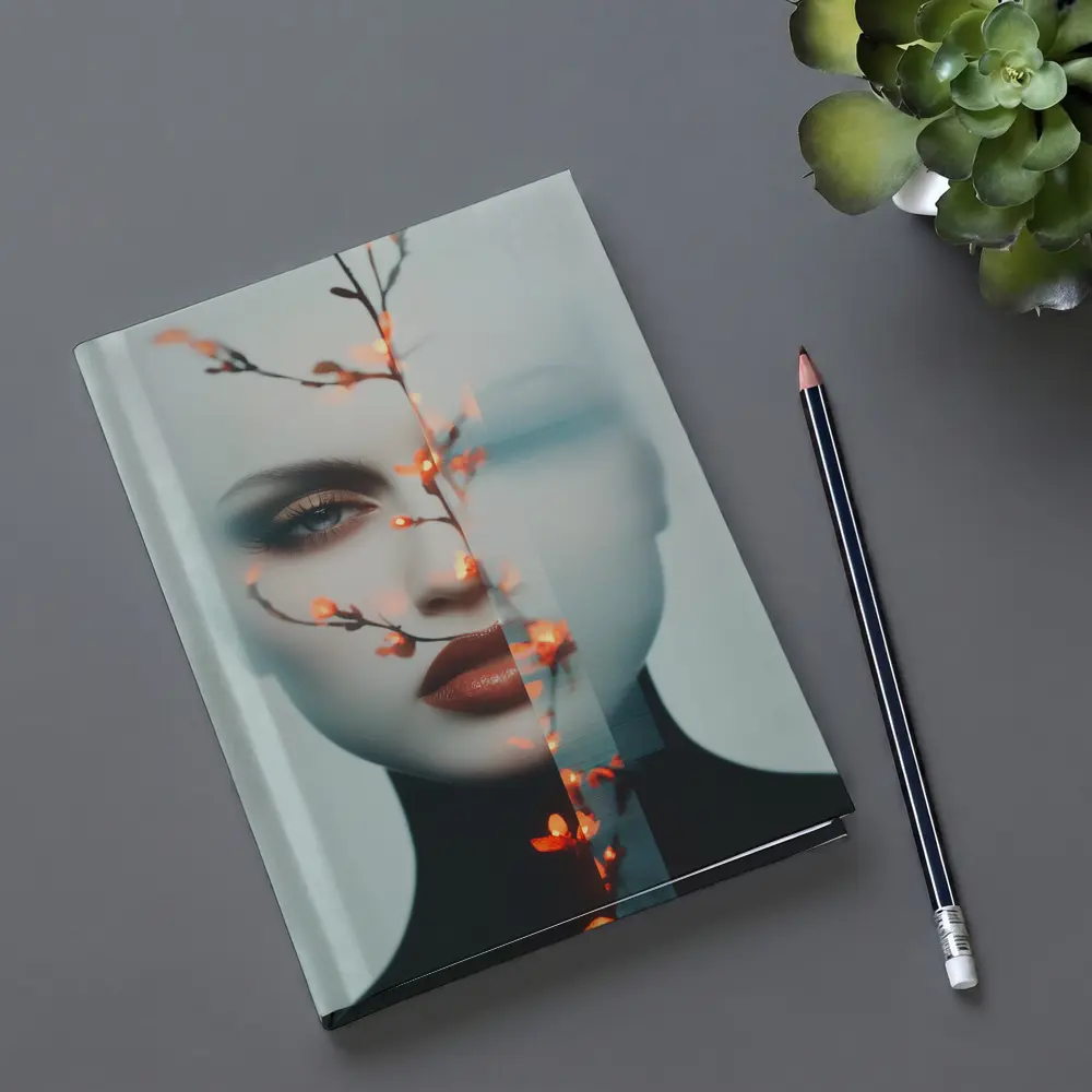 Woman Face Glitch Floral Branch Art – Notebooks