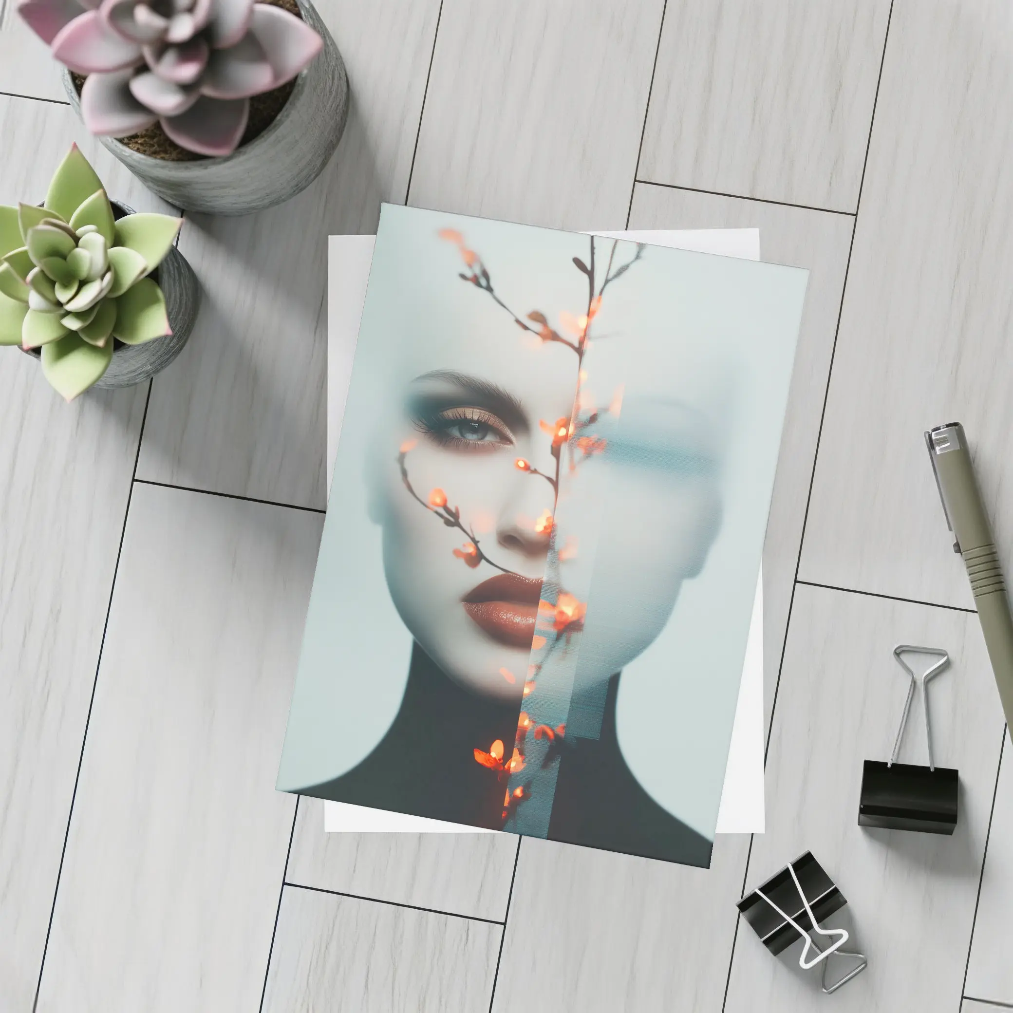 Woman Face Glitch Floral Branch Art – Postcards