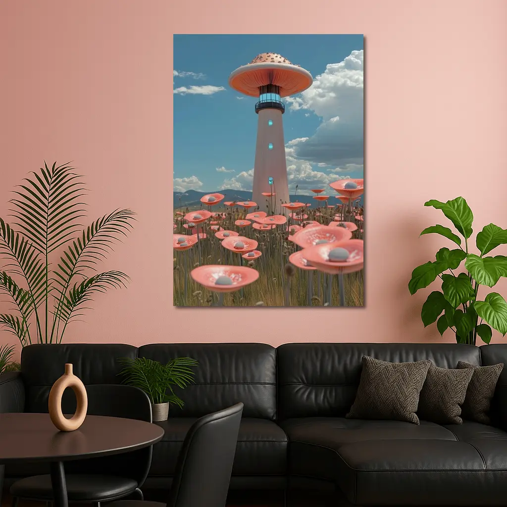 Surreal Mushroom Lighthouse Pink Flowers Field – Wall Art