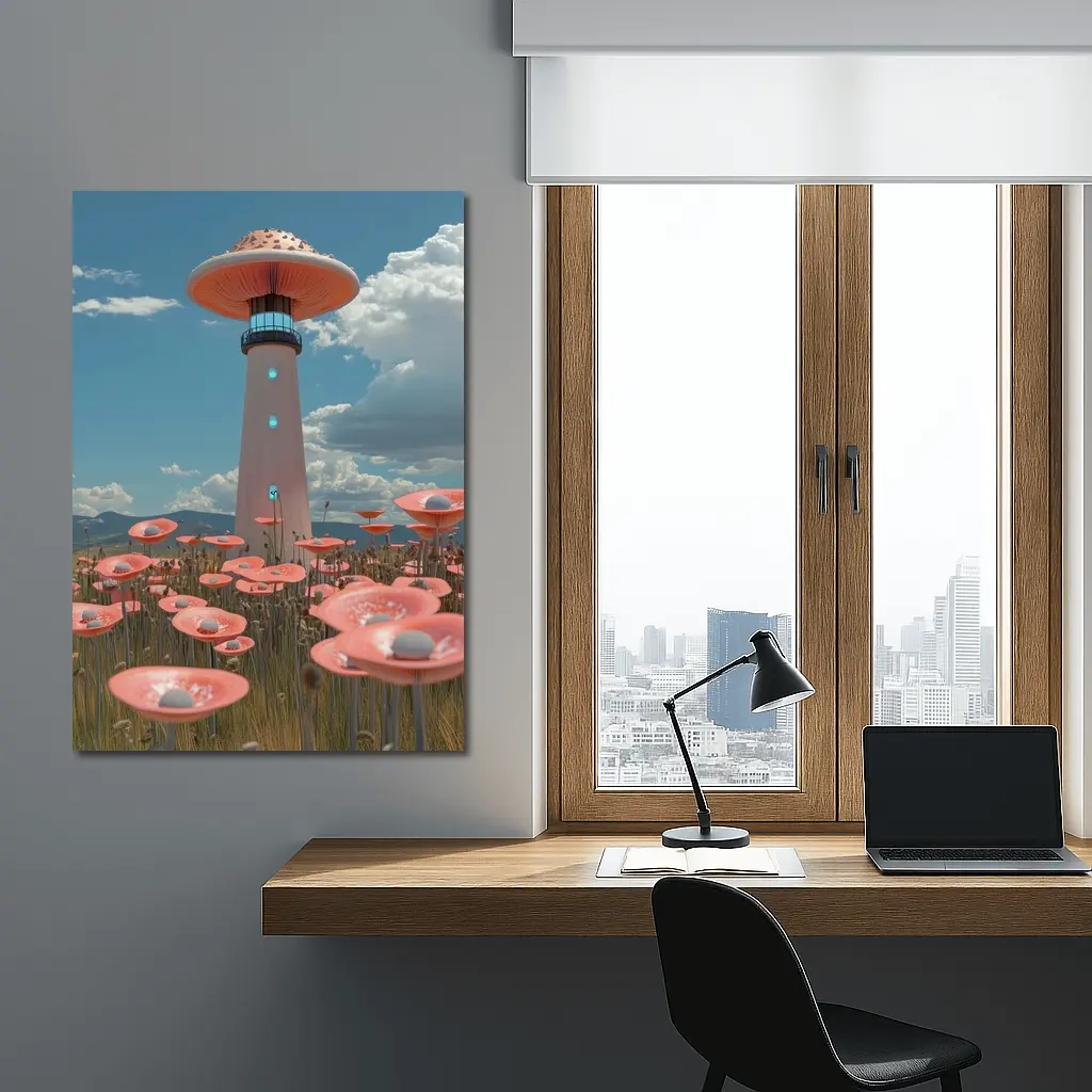 Surreal Mushroom Lighthouse Pink Flowers Field – Wall Art