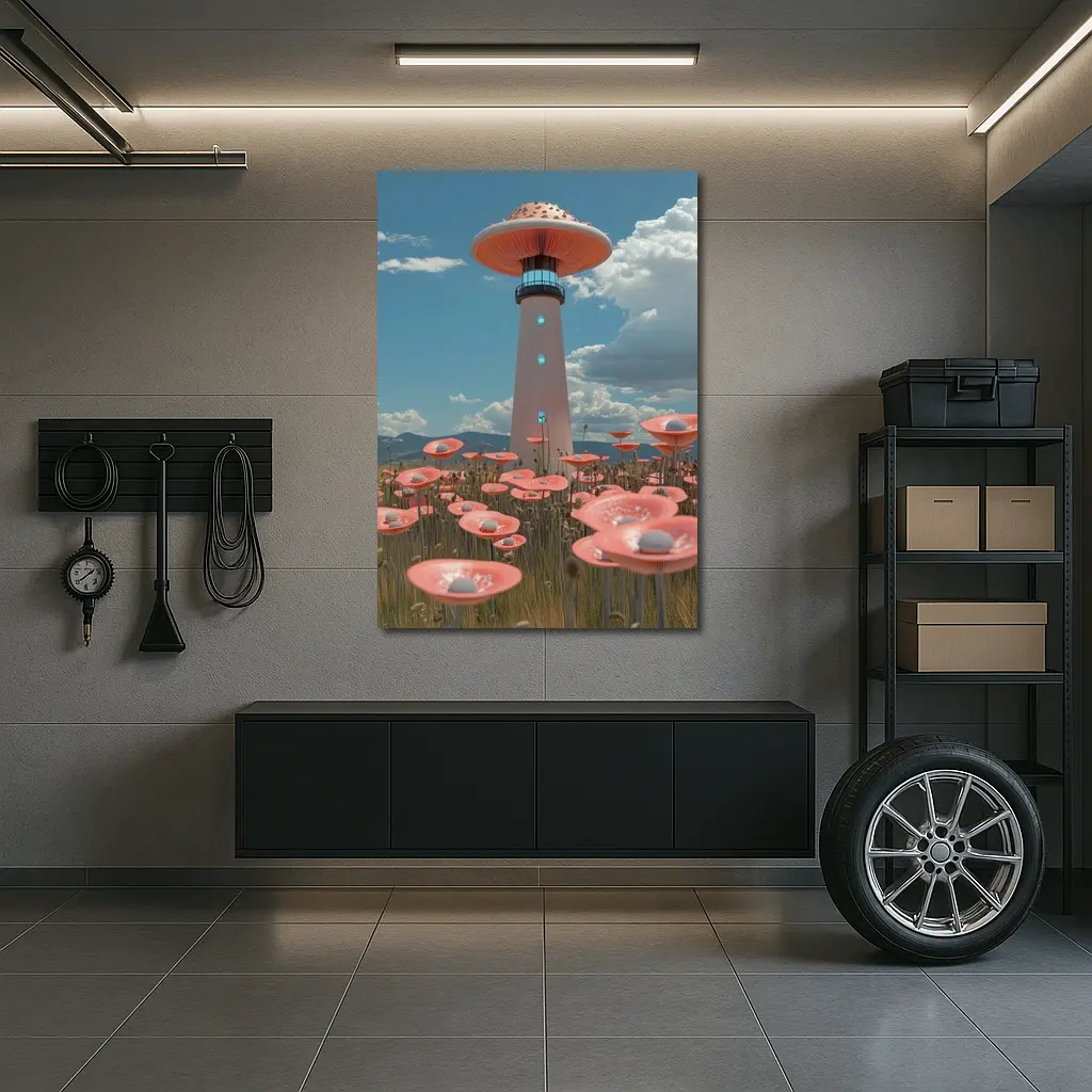 Surreal Mushroom Lighthouse Pink Flowers Field – Wall Art
