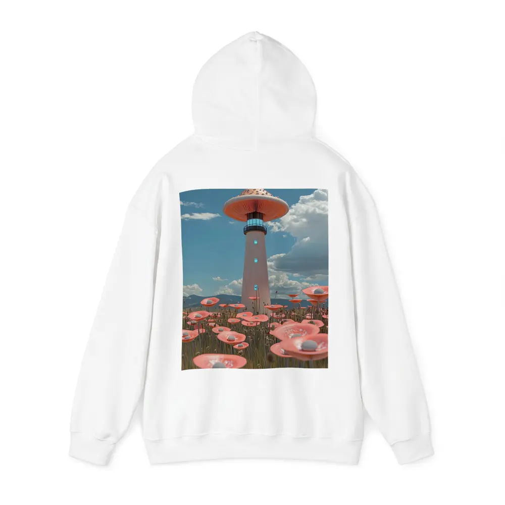Surreal Mushroom Lighthouse Pink Flowers Field – Hoodies