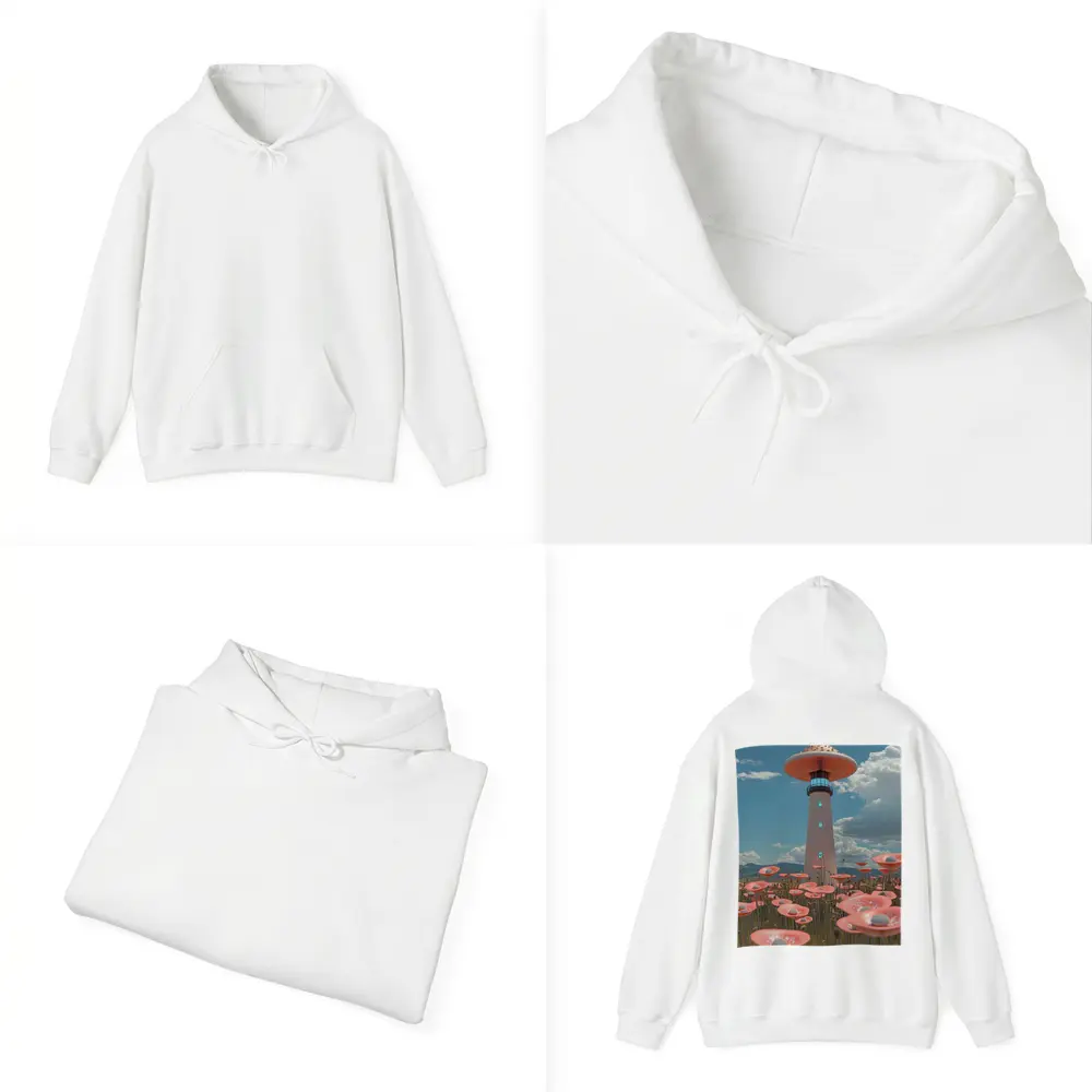 Surreal Mushroom Lighthouse Pink Flowers Field – Hoodies