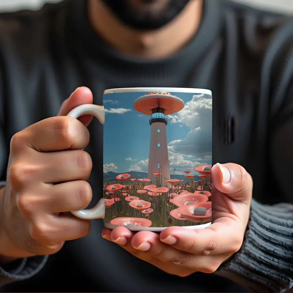 Surreal Mushroom Lighthouse Pink Flowers Field – Mugs