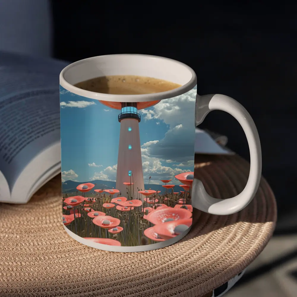 Surreal Mushroom Lighthouse Pink Flowers Field – Mugs