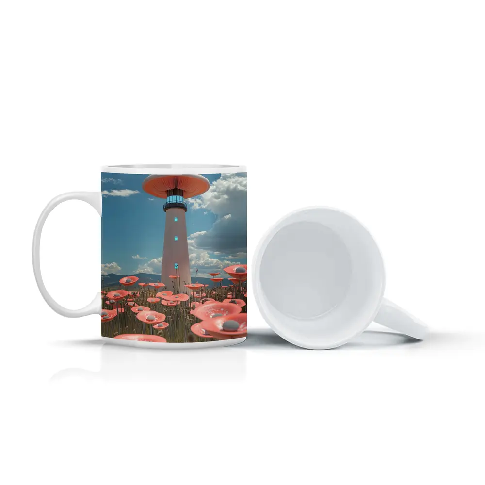 Surreal Mushroom Lighthouse Pink Flowers Field – Mugs