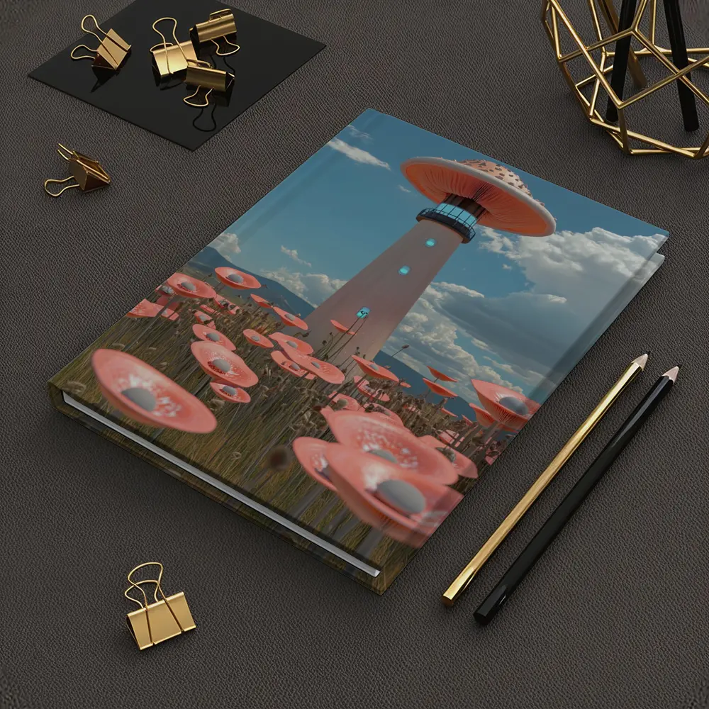 Surreal Mushroom Lighthouse Pink Flowers Field – Notebooks