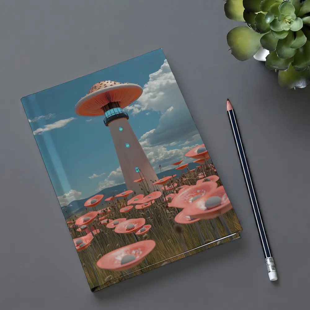 Surreal Mushroom Lighthouse Pink Flowers Field – Notebooks
