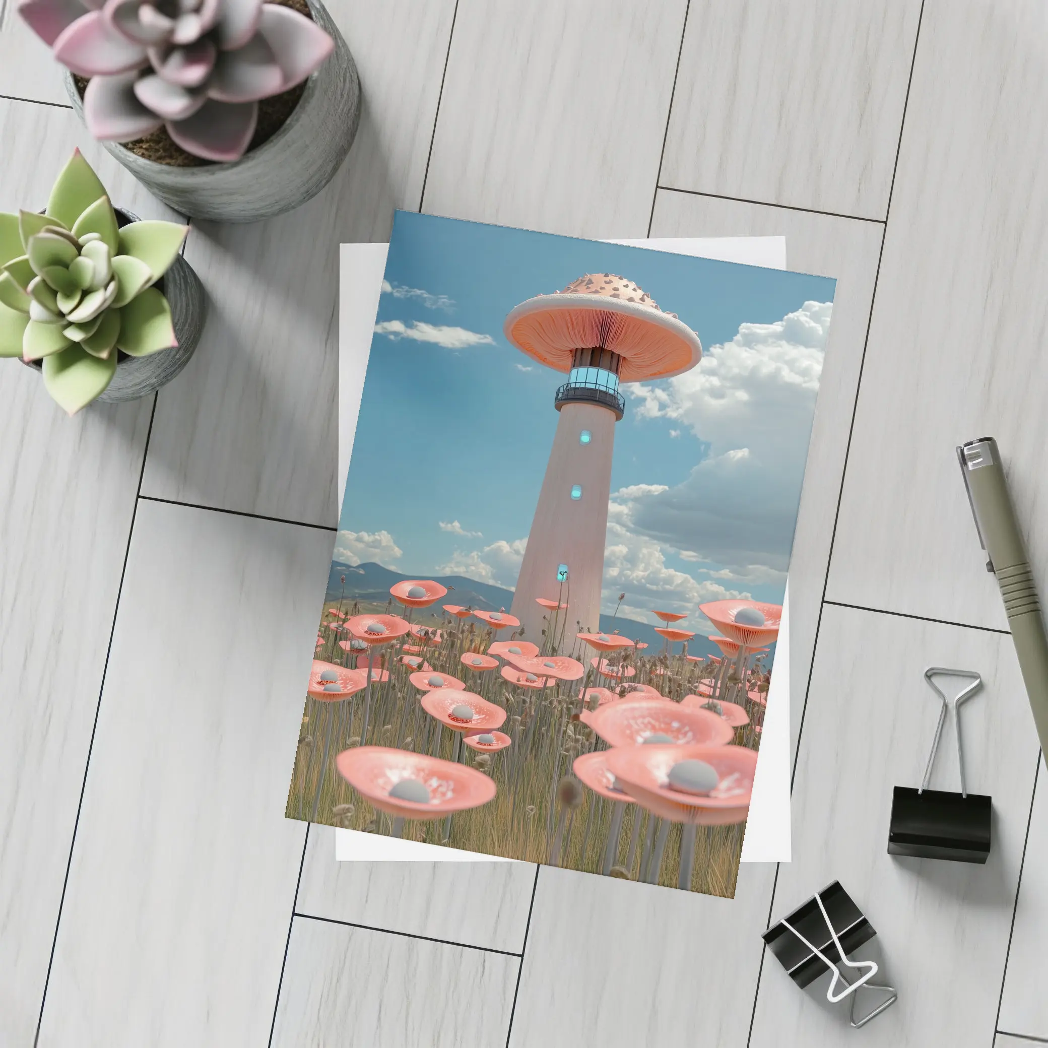 Surreal Mushroom Lighthouse Pink Flowers Field – Postcards
