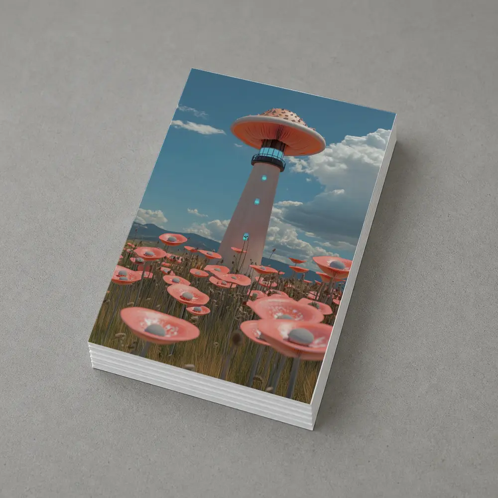 Surreal Mushroom Lighthouse Pink Flowers Field – Postcards