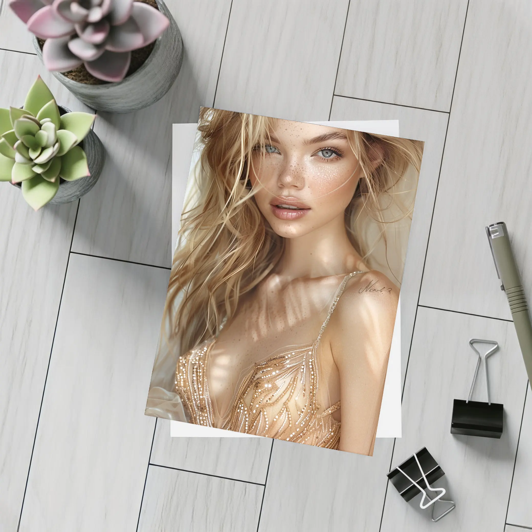 Blonde Woman Digital Art Fashion Portrait – Postcards
