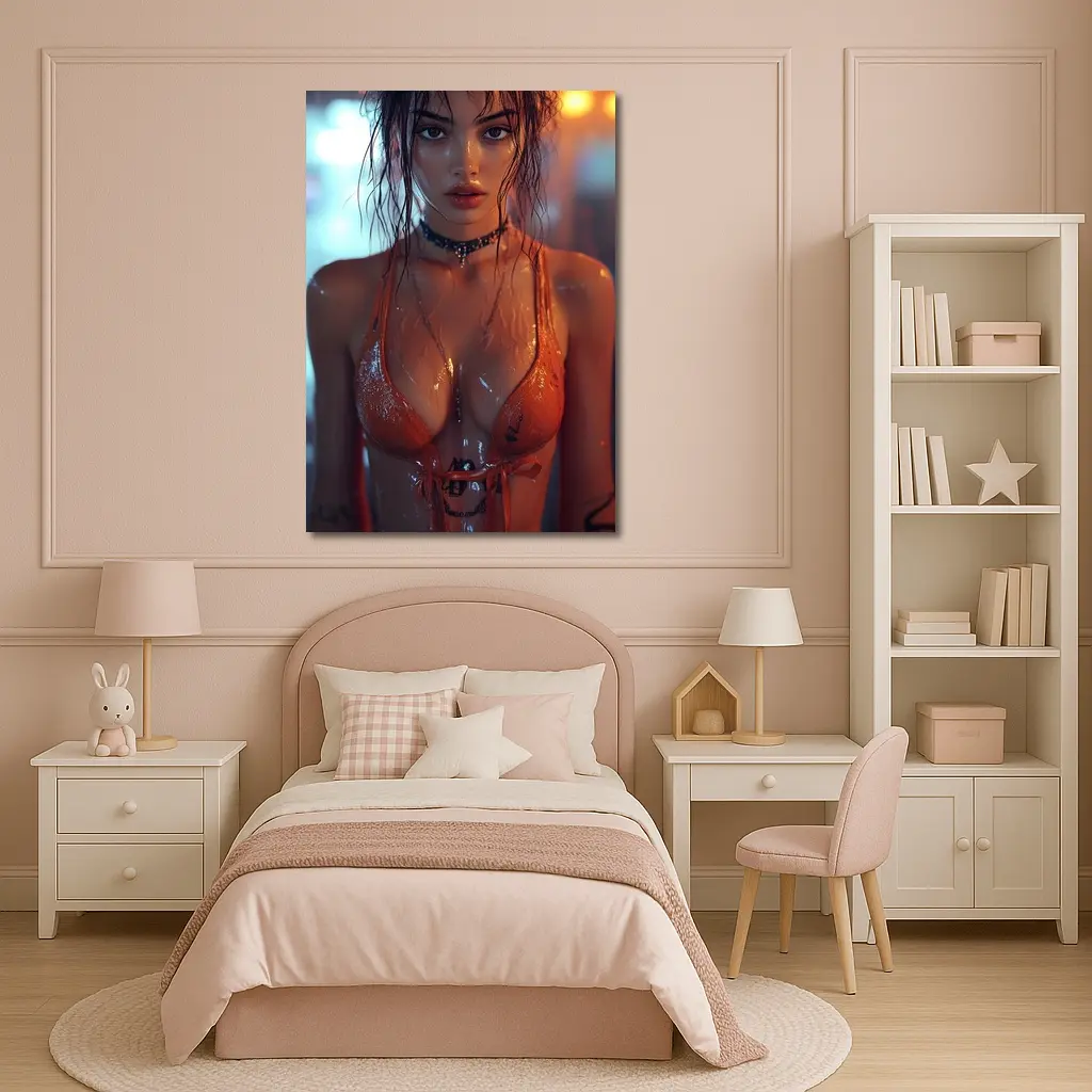 Wet Woman Neon Urban Night Rain – Wall Art