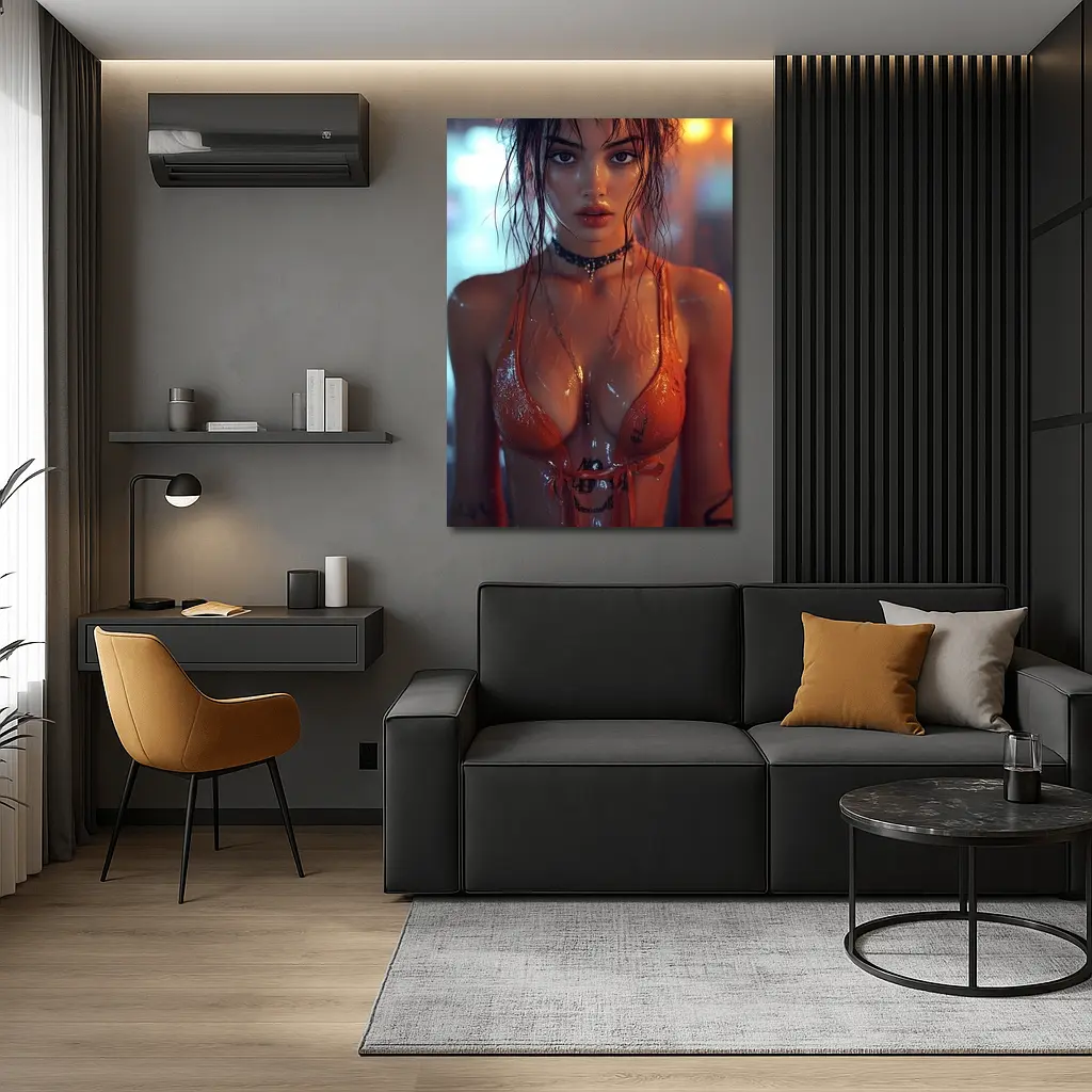 Wet Woman Neon Urban Night Rain – Wall Art