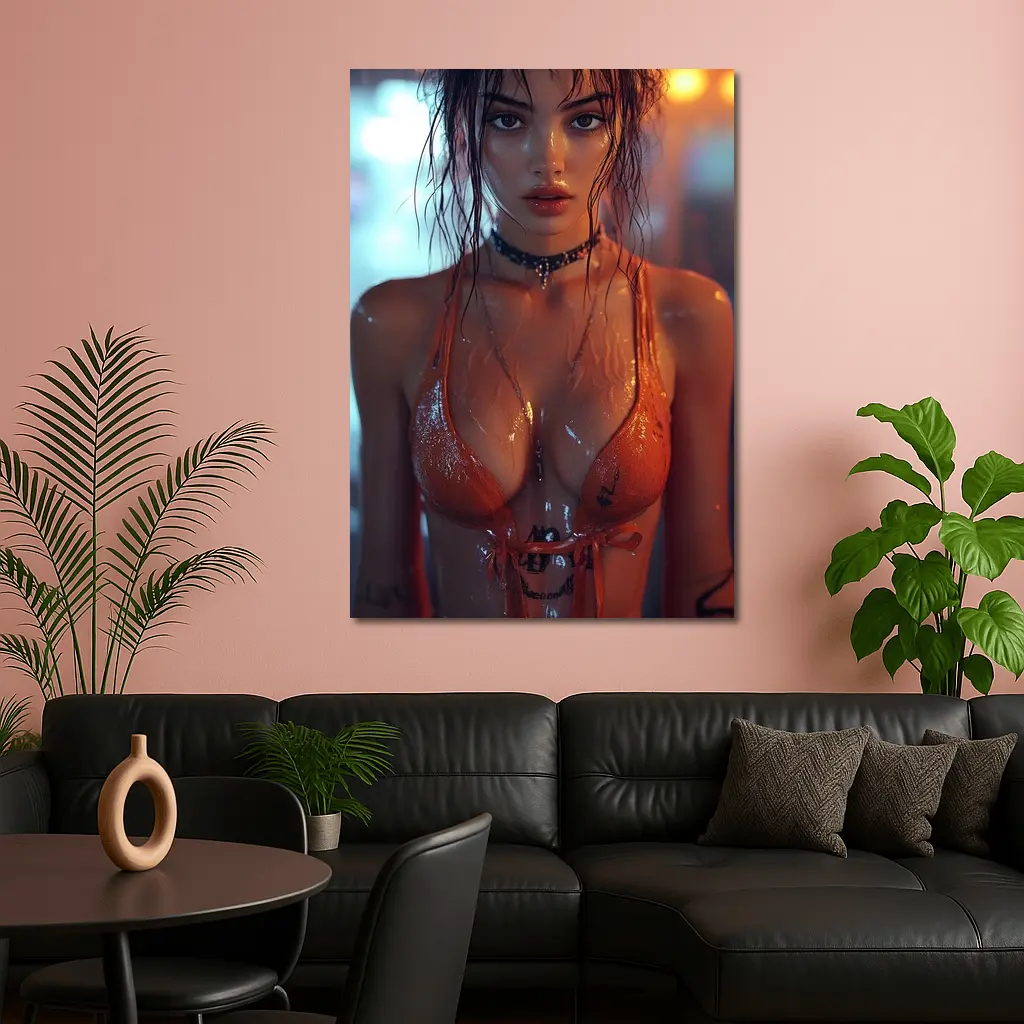 Wet Woman Neon Urban Night Rain – Wall Art