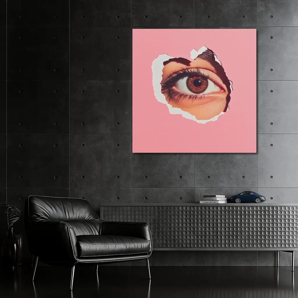 Brown Eye Peering Through Torn Pink Paper – Wall Art