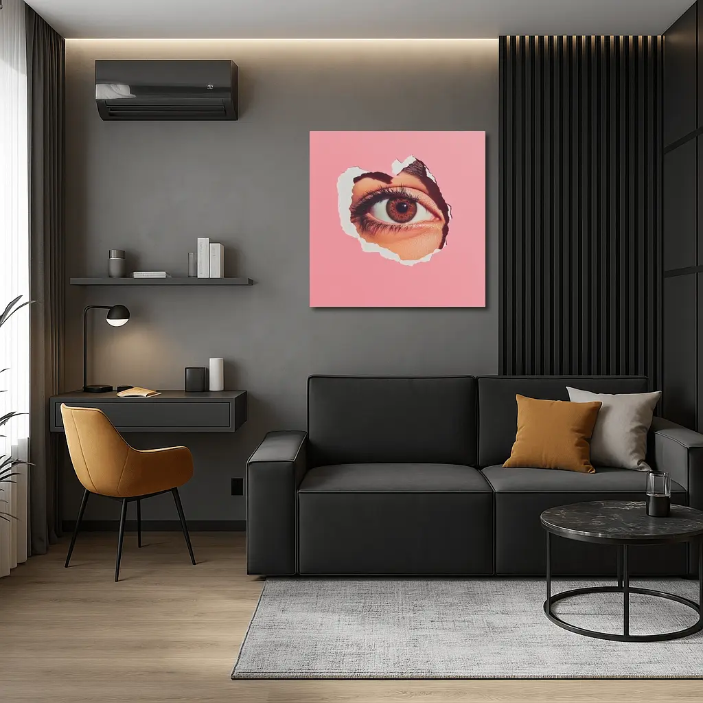 Brown Eye Peering Through Torn Pink Paper – Wall Art