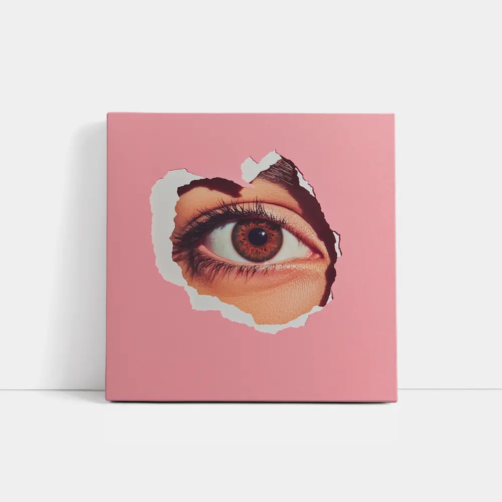 Brown Eye Peering Through Torn Pink Paper – Wall Art