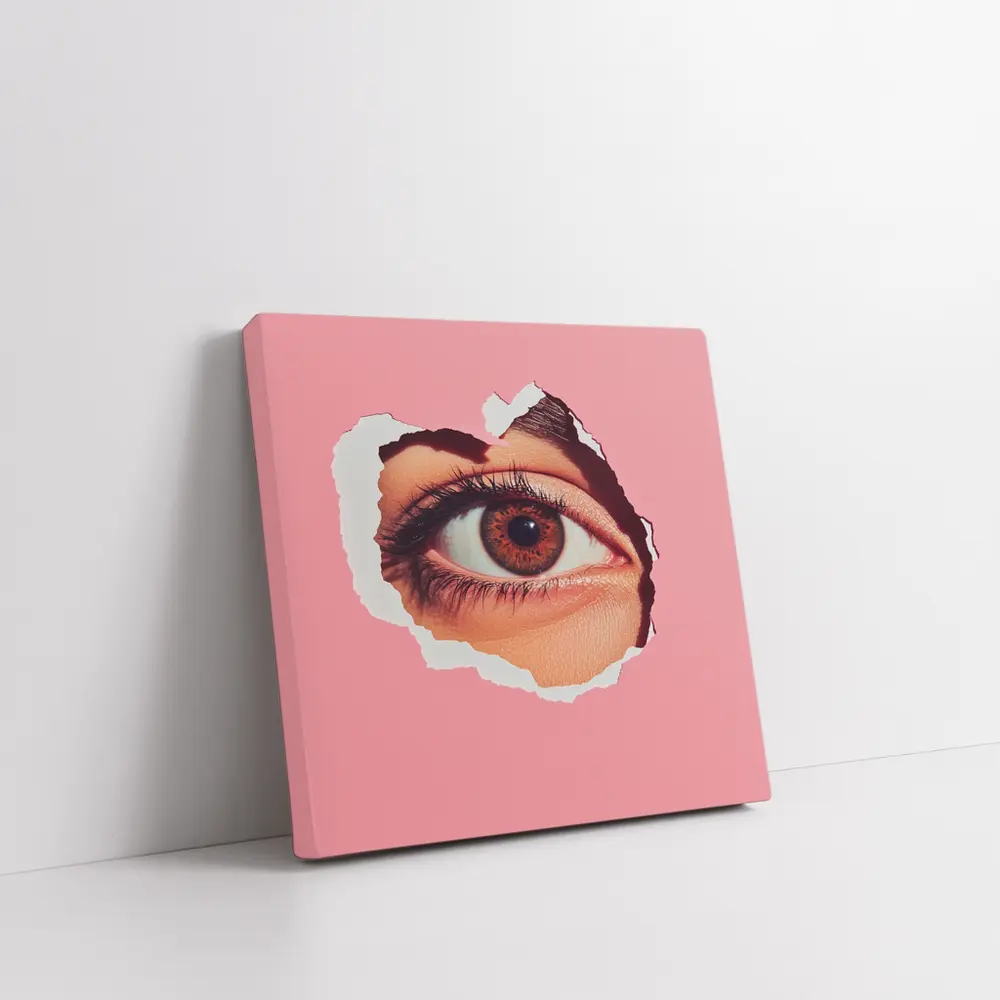 Brown Eye Peering Through Torn Pink Paper – Wall Art