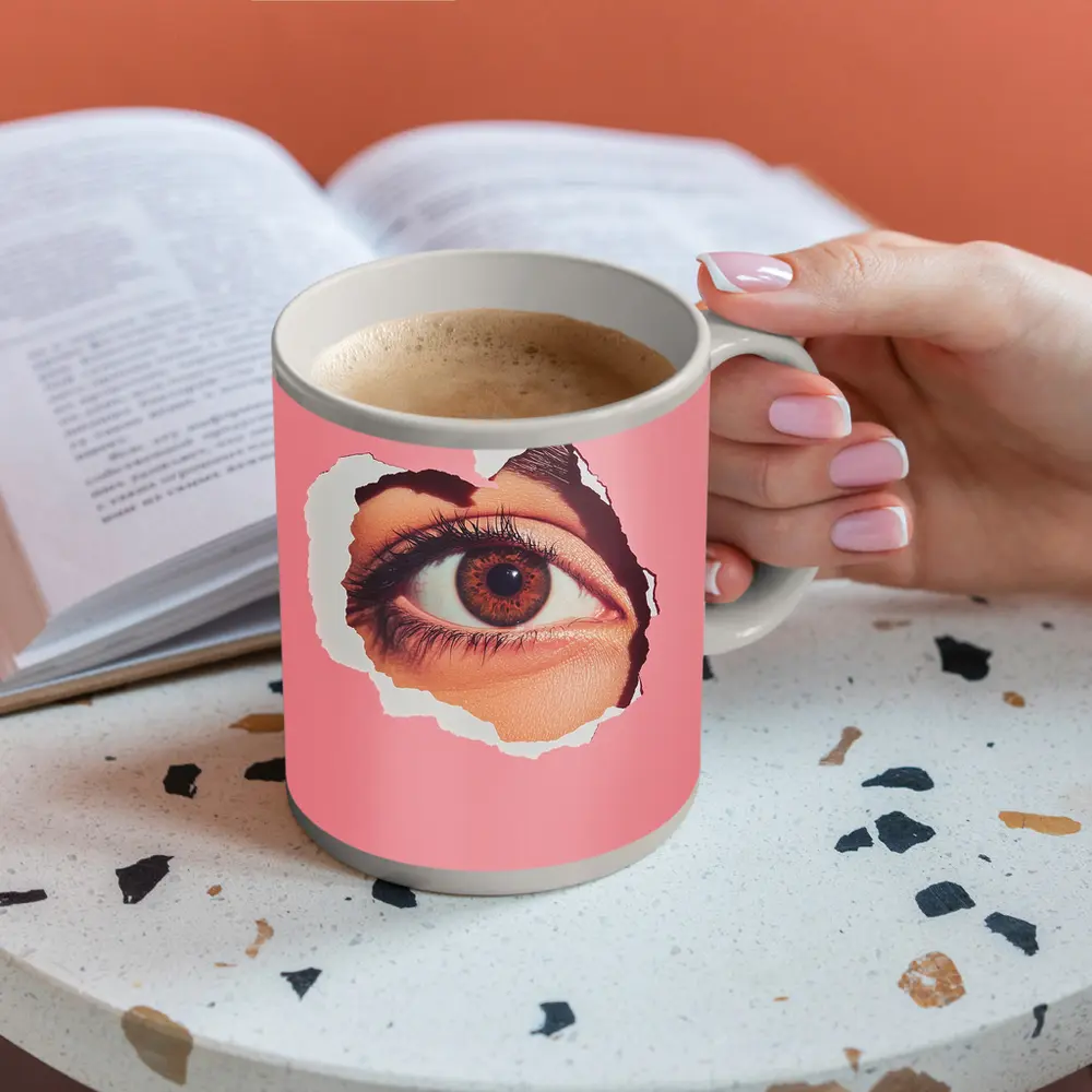 Brown Eye Peering Through Torn Pink Paper – Mugs
