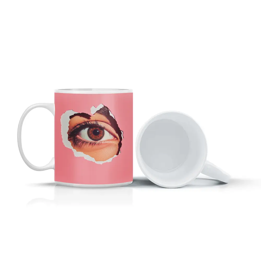 Brown Eye Peering Through Torn Pink Paper – Mugs