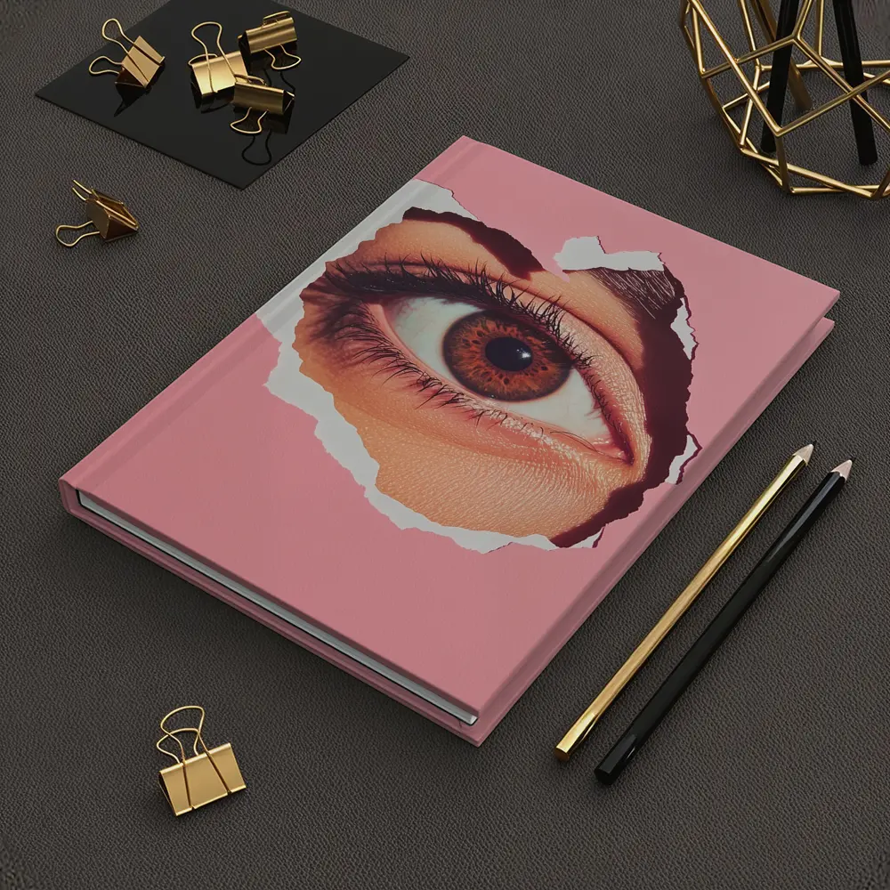Brown Eye Peering Through Torn Pink Paper – Notebooks