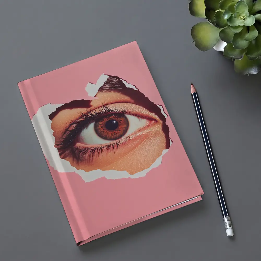 Brown Eye Peering Through Torn Pink Paper – Notebooks
