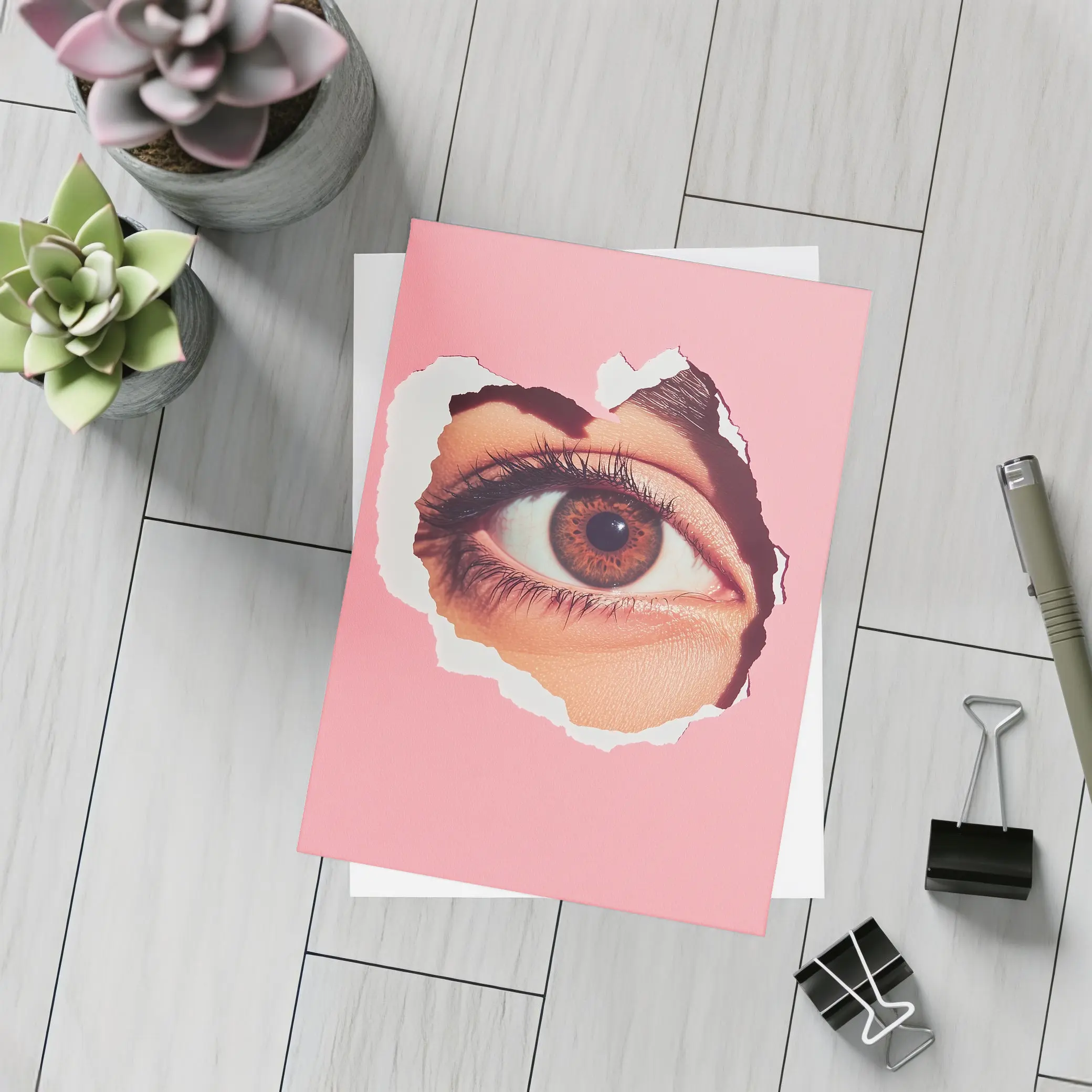 Brown Eye Peering Through Torn Pink Paper – Postcards