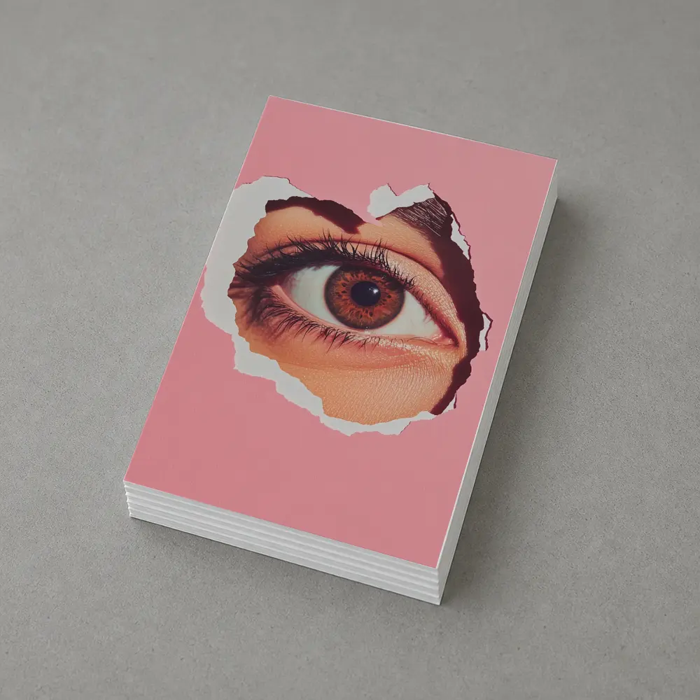Brown Eye Peering Through Torn Pink Paper – Postcards