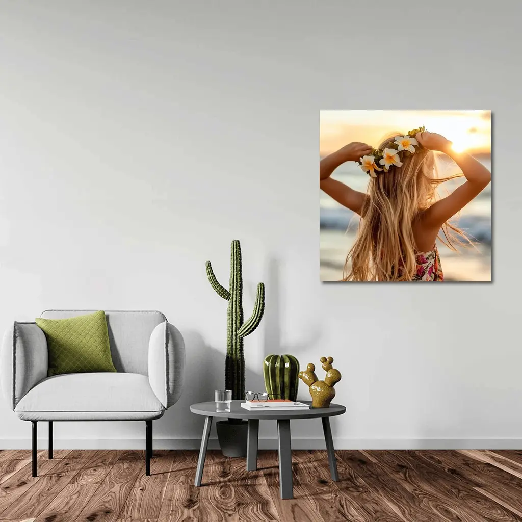 Girl Plumeria Crown Golden Beach Sunset – Wall Art
