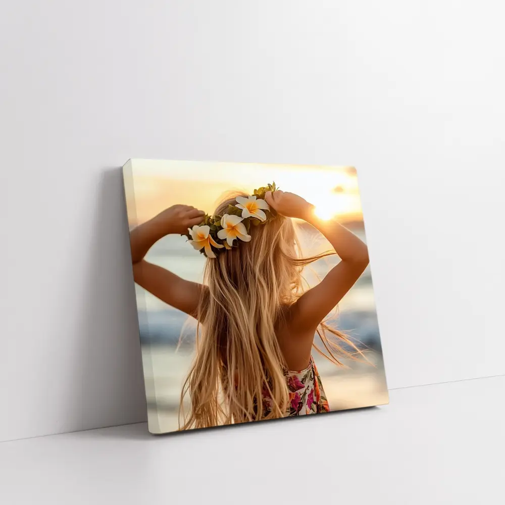 Girl Plumeria Crown Golden Beach Sunset – Wall Art