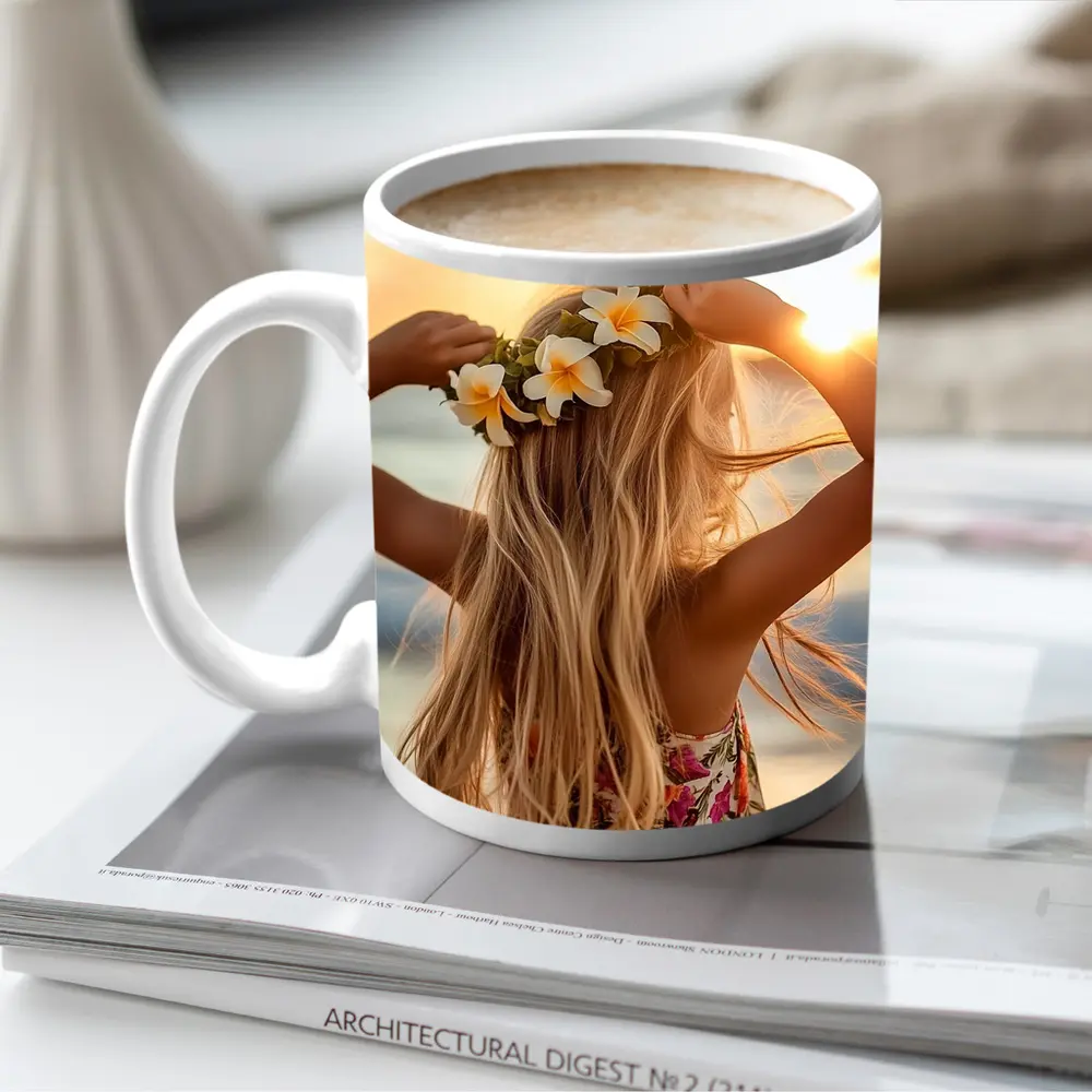 Girl Plumeria Crown Golden Beach Sunset – Mugs
