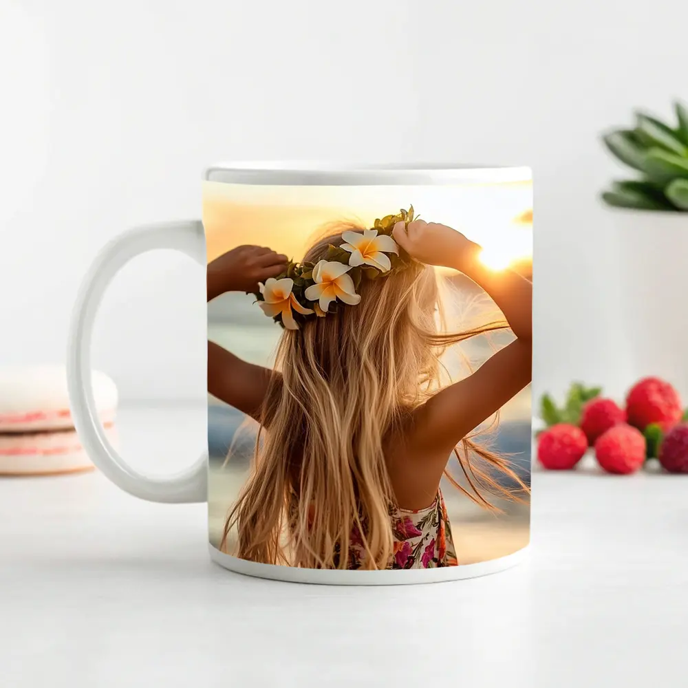 Girl Plumeria Crown Golden Beach Sunset – Mugs