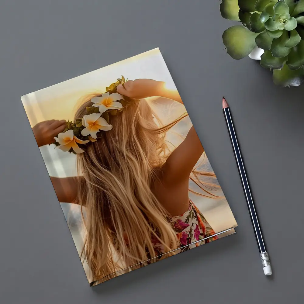 Girl Plumeria Crown Golden Beach Sunset – Notebooks