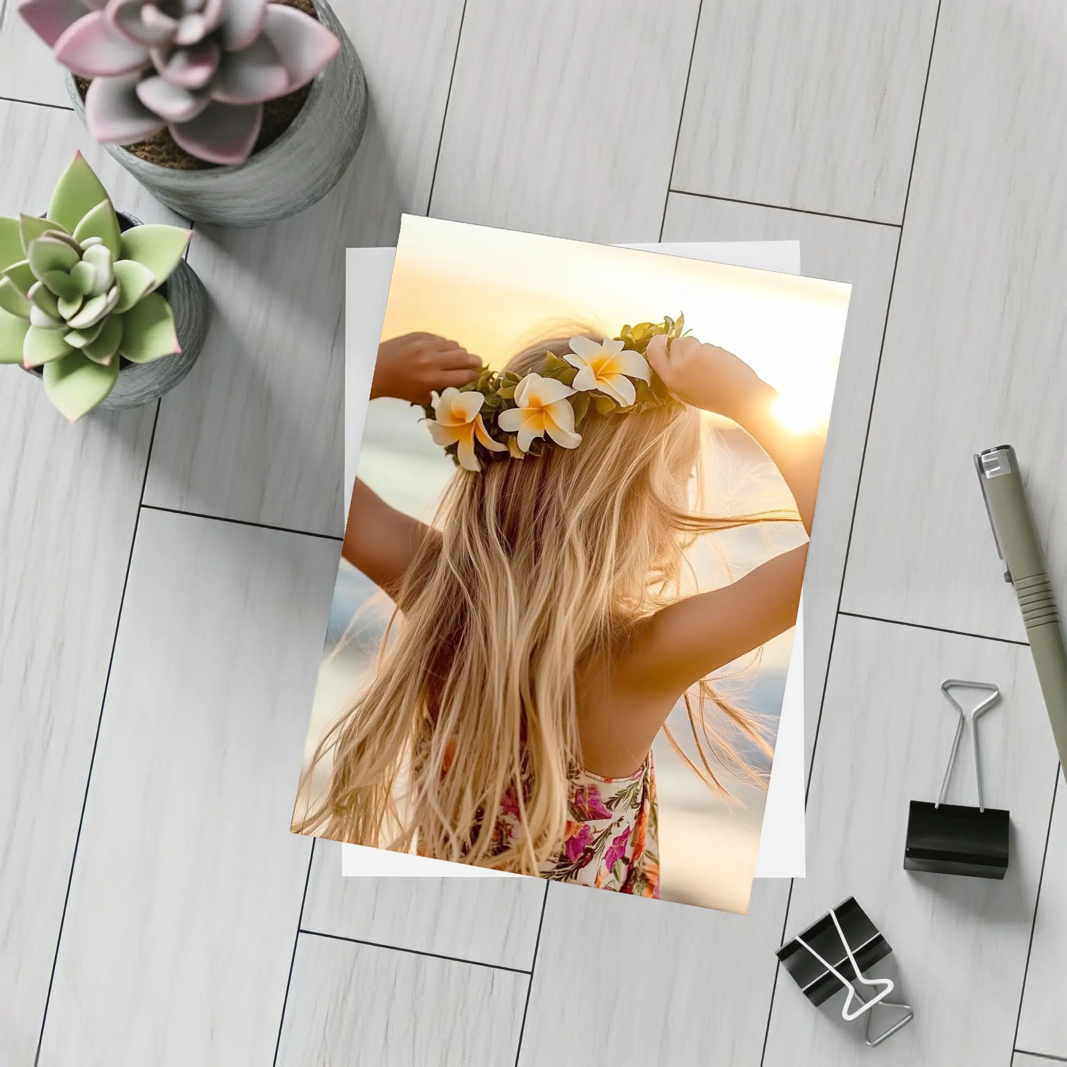 Girl Plumeria Crown Golden Beach Sunset – Postcards