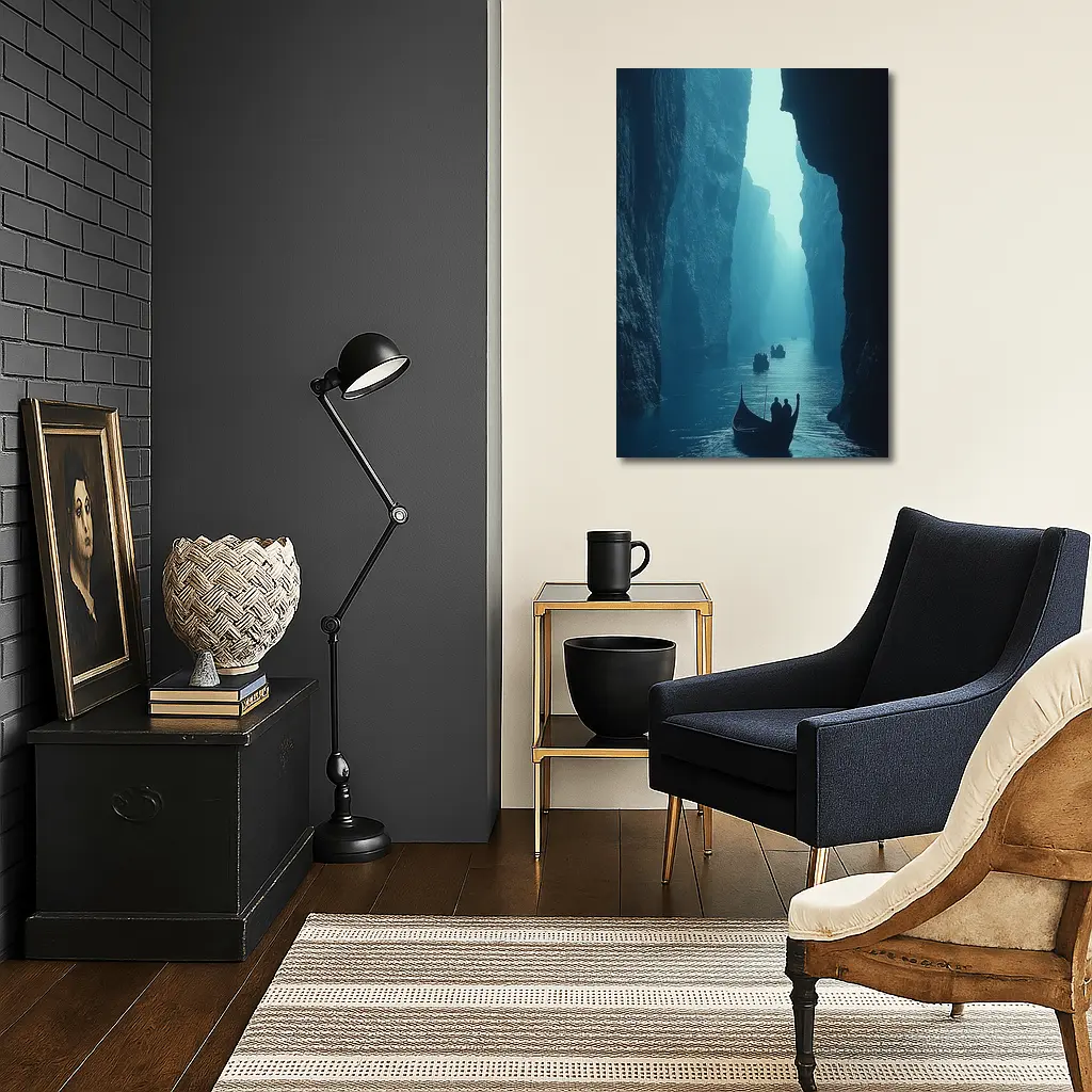 Misty Canyon River Boats Blue Fog – Wall Art