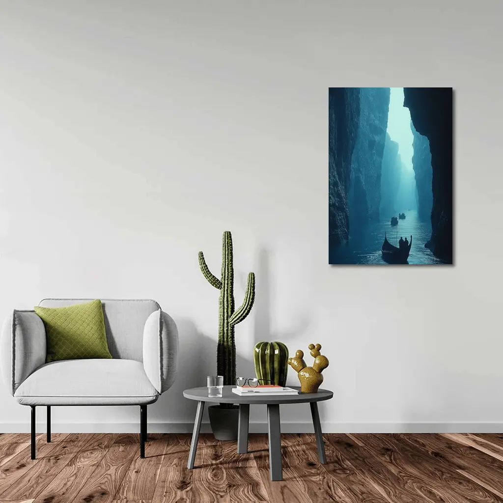 Misty Canyon River Boats Blue Fog – Wall Art