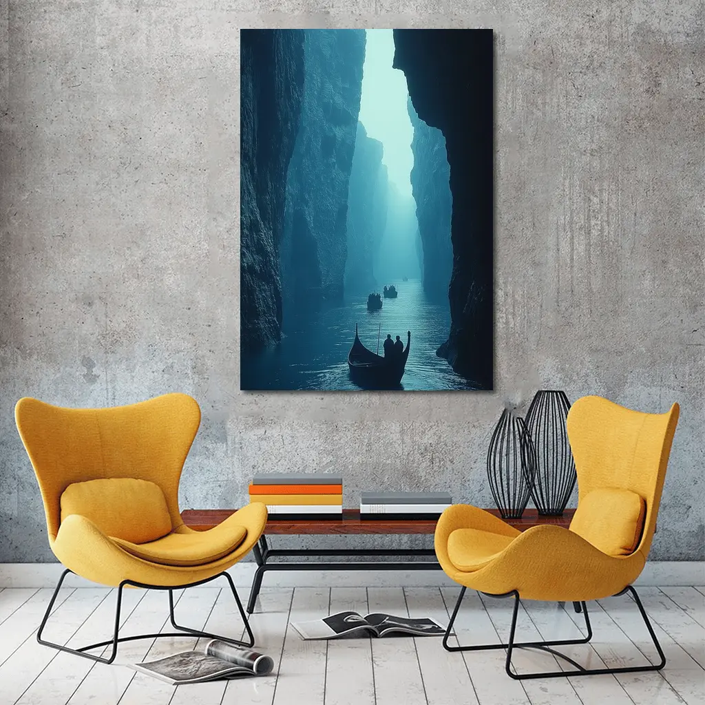 Misty Canyon River Boats Blue Fog – Wall Art