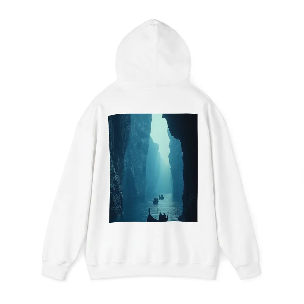 Misty Canyon River Boats Blue Fog – Hoodies