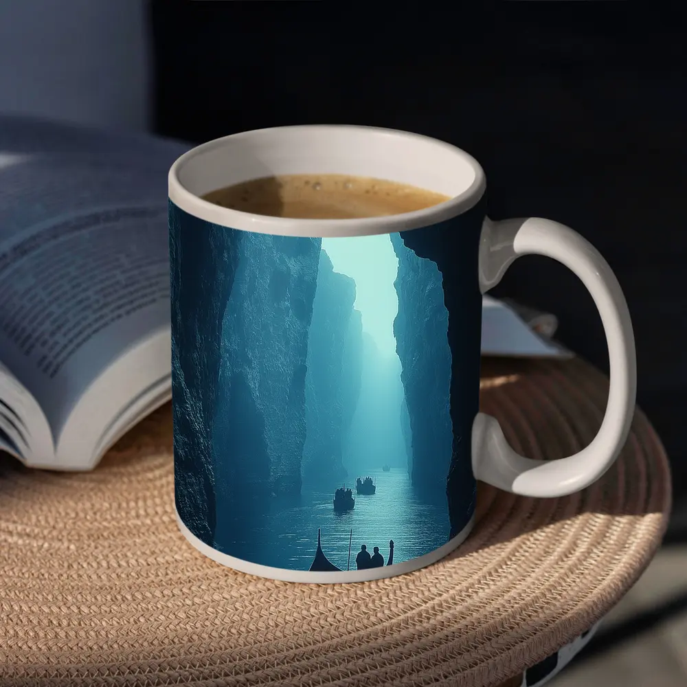 Misty Canyon River Boats Blue Fog – Mugs