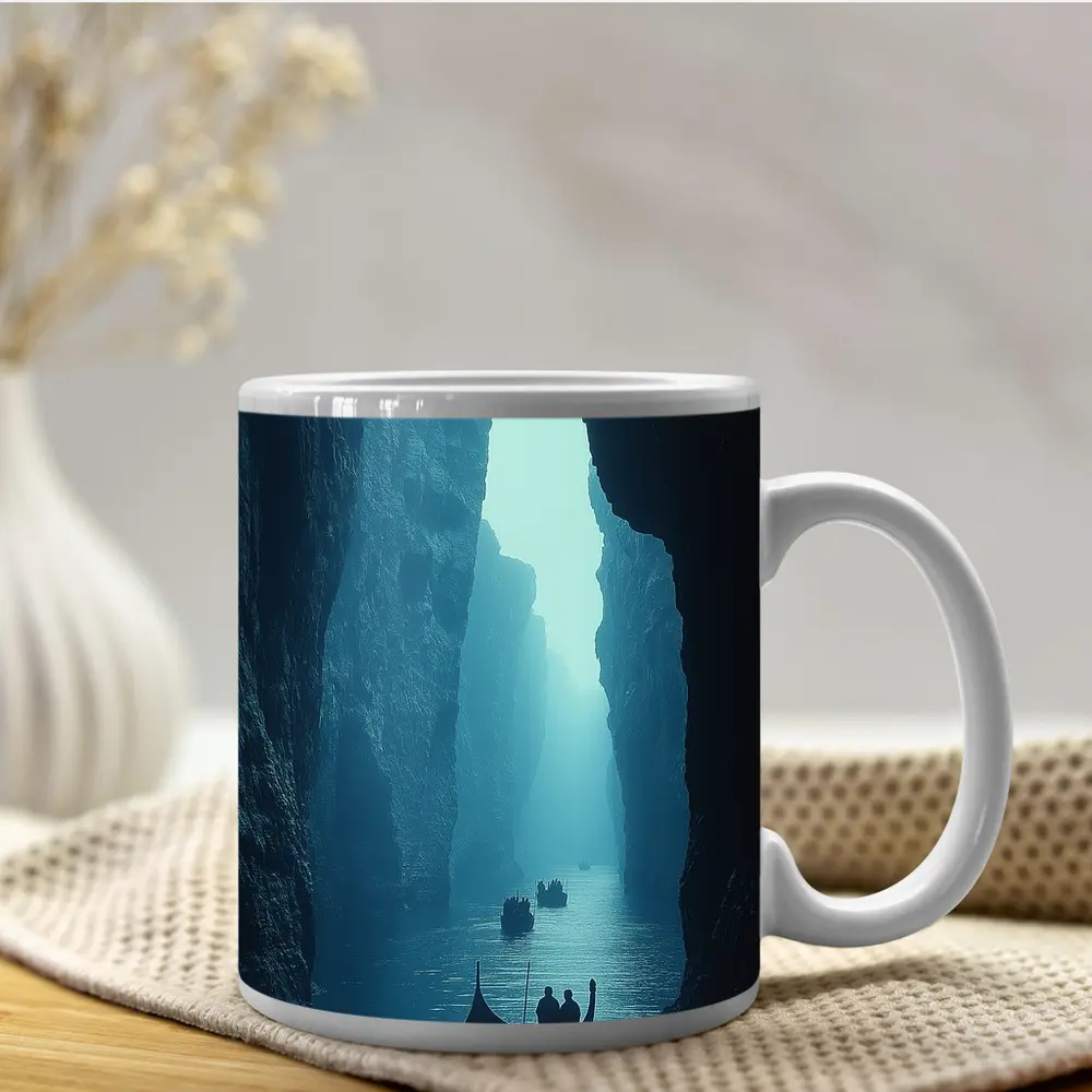 Misty Canyon River Boats Blue Fog – Mugs