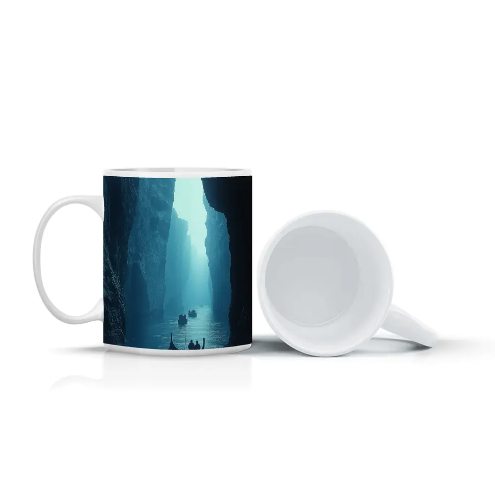 Misty Canyon River Boats Blue Fog – Mugs