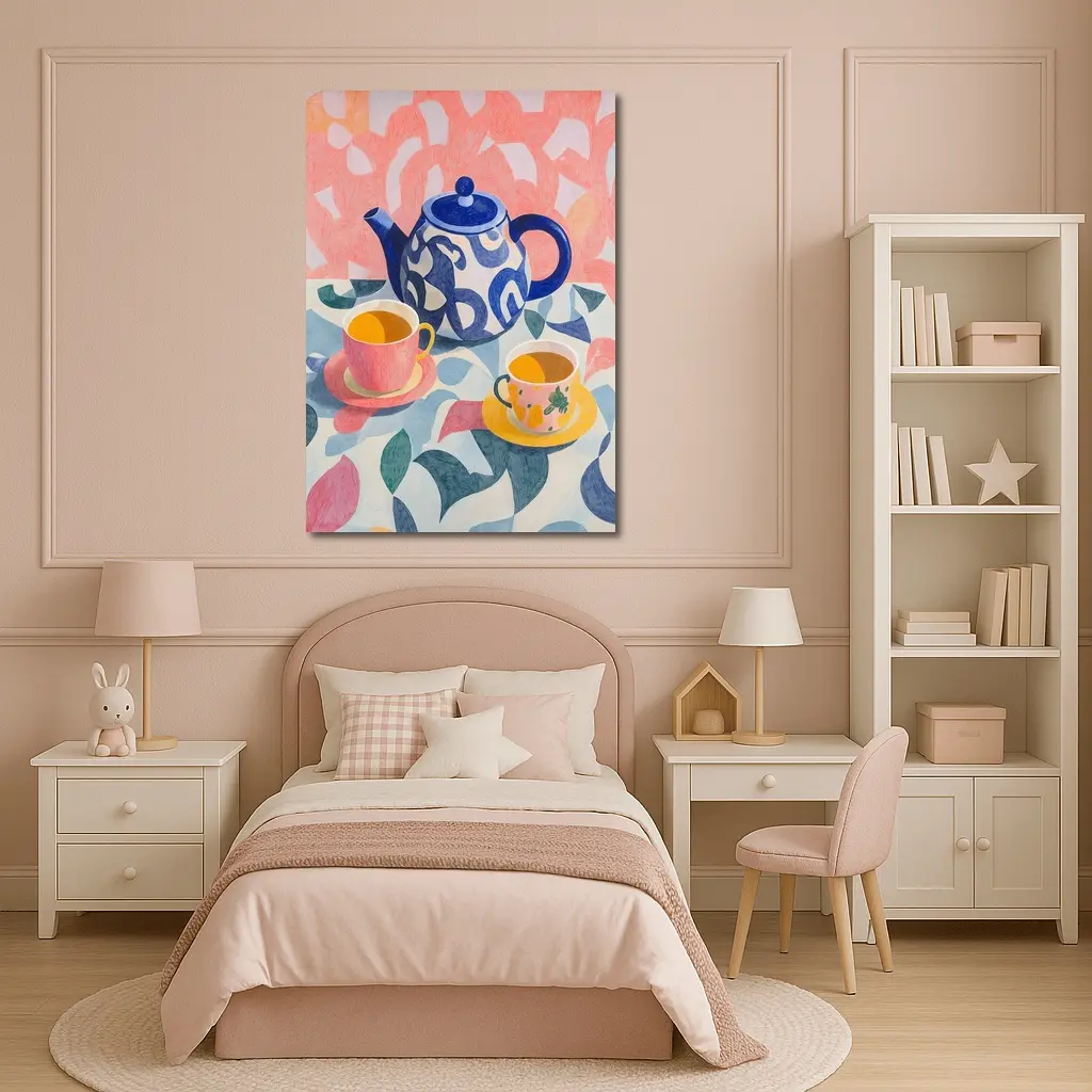Blue Teapot And Cups Colorful Pattern Art – Wall Art