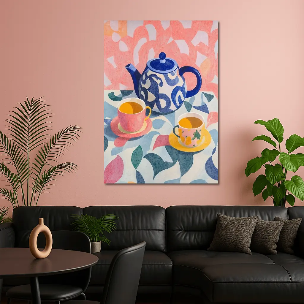 Blue Teapot And Cups Colorful Pattern Art – Wall Art
