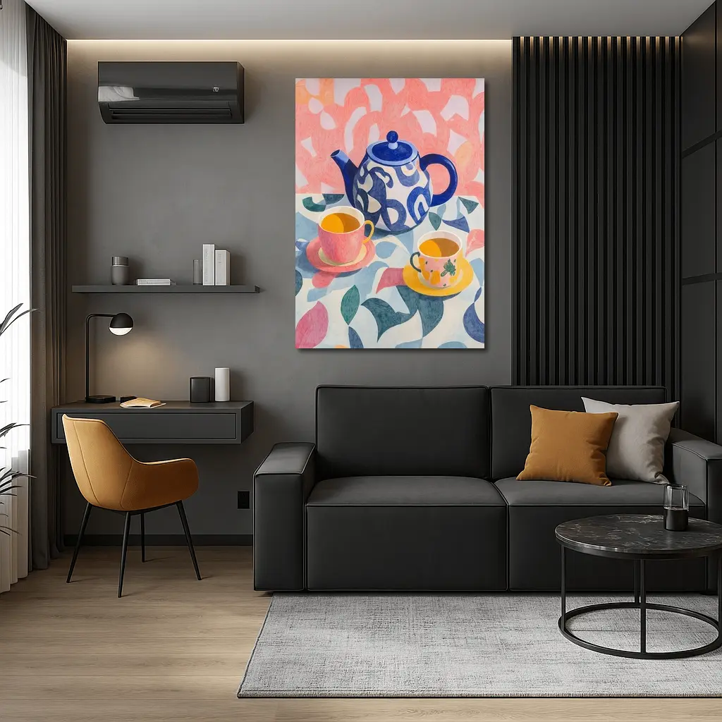 Blue Teapot And Cups Colorful Pattern Art – Wall Art