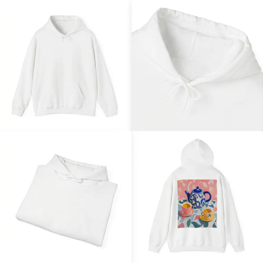 Blue Teapot And Cups Colorful Pattern Art – Hoodies